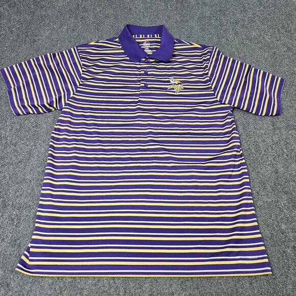 Minnesota Vikings Polo Shirt Large Purple Gold Stripes Golf Active Majestic NFL - Picture 1 of 7